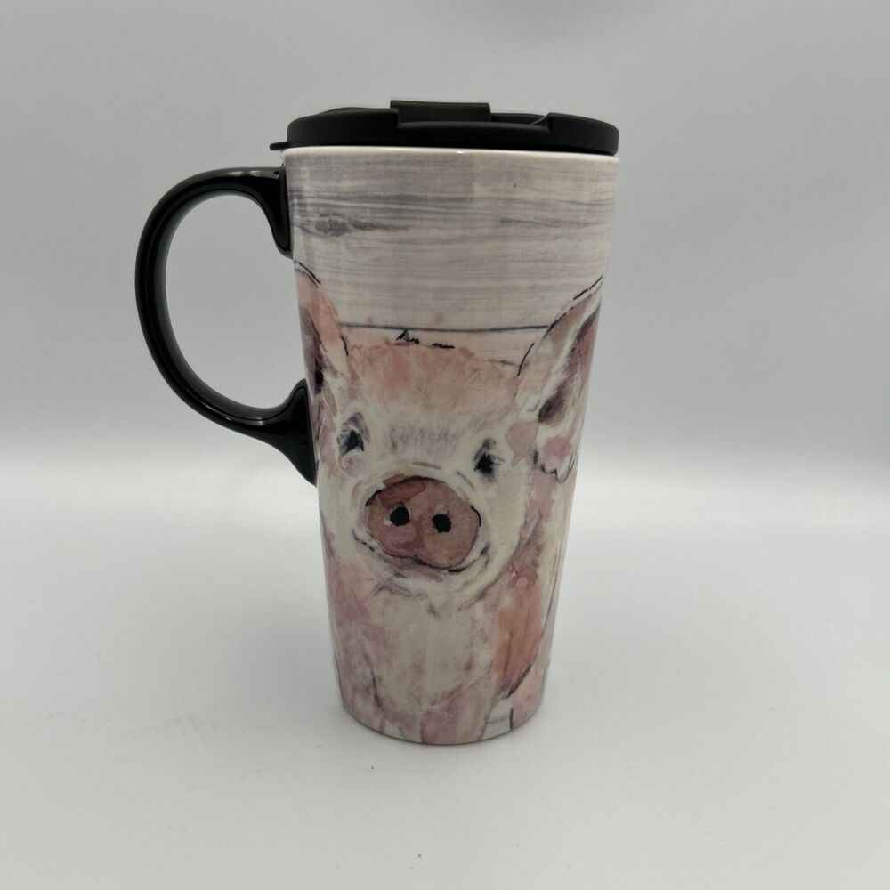 Very Cute Pink/Black Watercolor Pig Tall Tapered Ceramic Travel Coffee Mug w/Lid